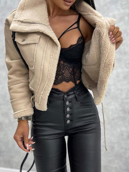 Aubrée - Elegante und Feminine Frühlingsjacke aus Kunstleder mit Plüschfutter, Reißverschlusstaschen und Kragen