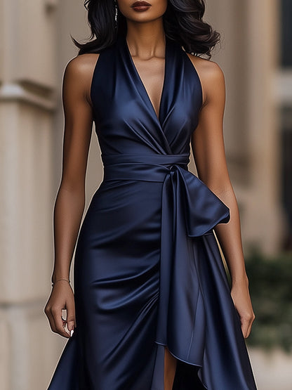 Delyra - Satin-Rüschenskleid, Rückenfrei, Mitternachts-Eleganz