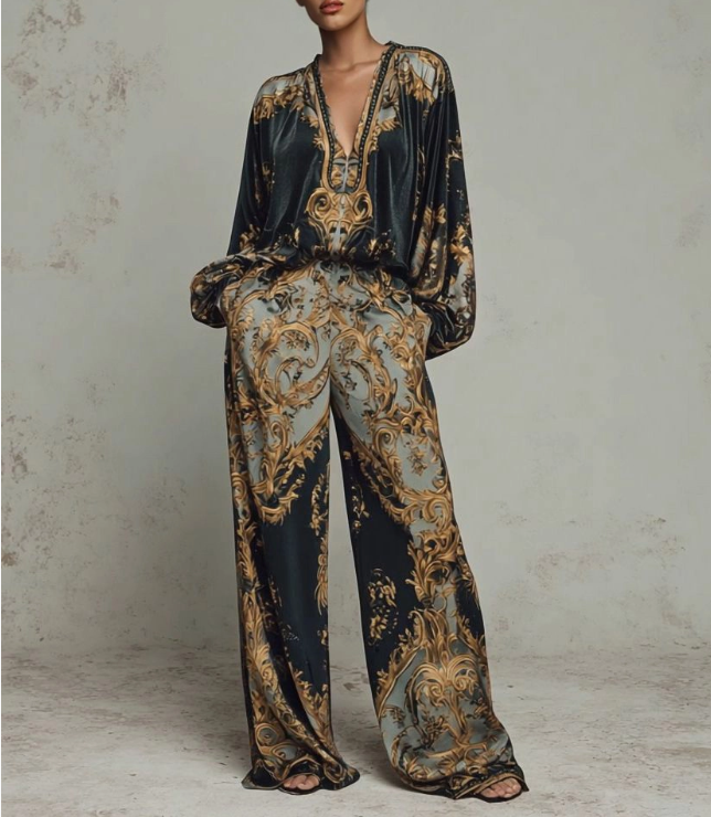 Bélisande - Lässiges Ensemble mit Retro-Barockdruck und tiefem V-Ausschnitt