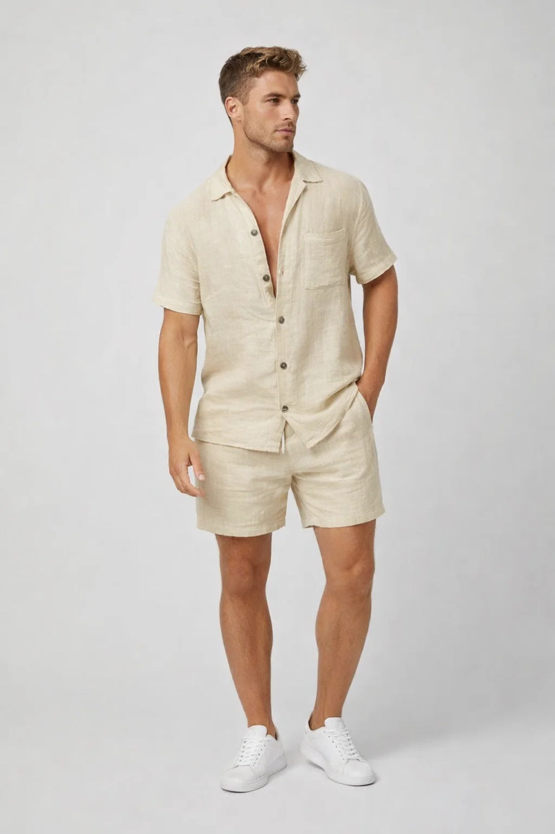 Lässiges Leinen Set mit Kurzarmhemd für Herren – Atmungsaktives zweiteiliges Sommer Outfit
