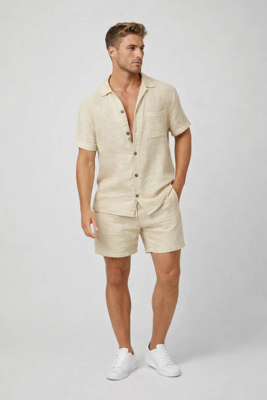 Lässiges Leinen Set mit Kurzarmhemd für Herren – Atmungsaktives zweiteiliges Sommer Outfit