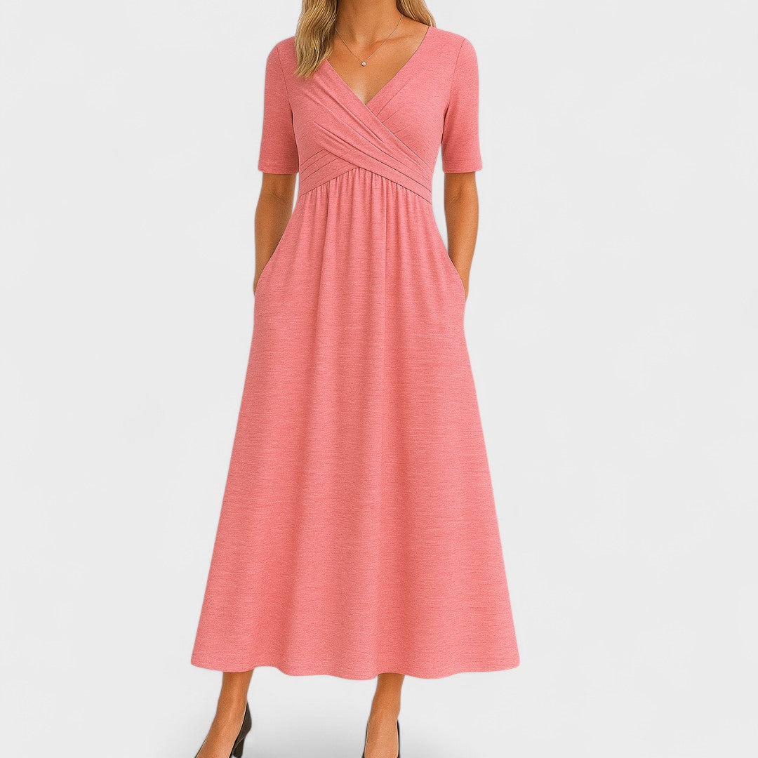Aveline - Bequemes Langkleid für den Frühling und Sommer, mit Wickeleffekt und halblangen Ärmeln, einfarbig