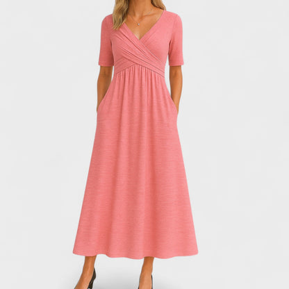 Aveline - Bequemes Langkleid für den Frühling und Sommer, mit Wickeleffekt und halblangen Ärmeln, einfarbig