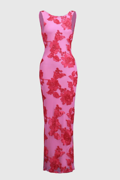 Élanora - Maxikleid Rosa Barbara mit hohem Kragen, ohne Ärmel, Blumenapplikationen und Strick