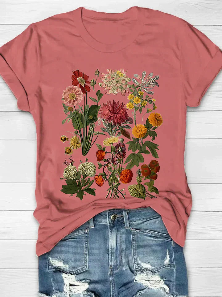 Azéline - Vintage T-Shirt für Frauen mit kurzen Ärmeln und floralem Druck