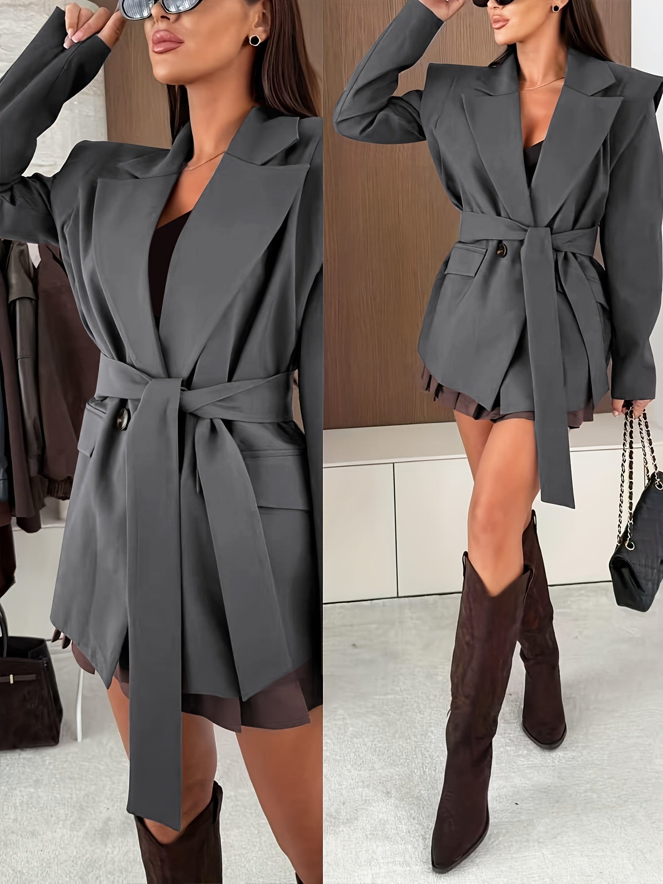 Auréva - Eleganter Frühlingsblazer mit Betonten Schultern und Gürtel für eine feminine Silhouette
