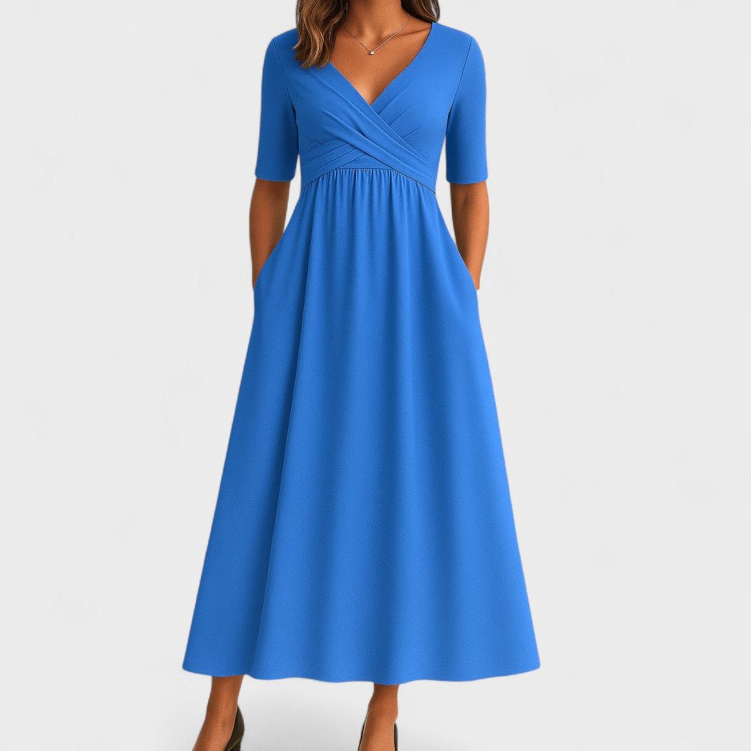 Aveline - Bequemes Langkleid für den Frühling und Sommer, mit Wickeleffekt und halblangen Ärmeln, einfarbig