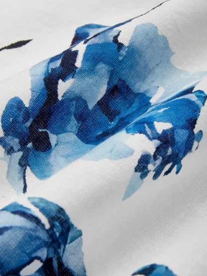 Florivie - Maxikleid aus Leinen, ärmellos, mit Halterneck, Blumenmuster, Vintage, weiß mit blauen Blumen