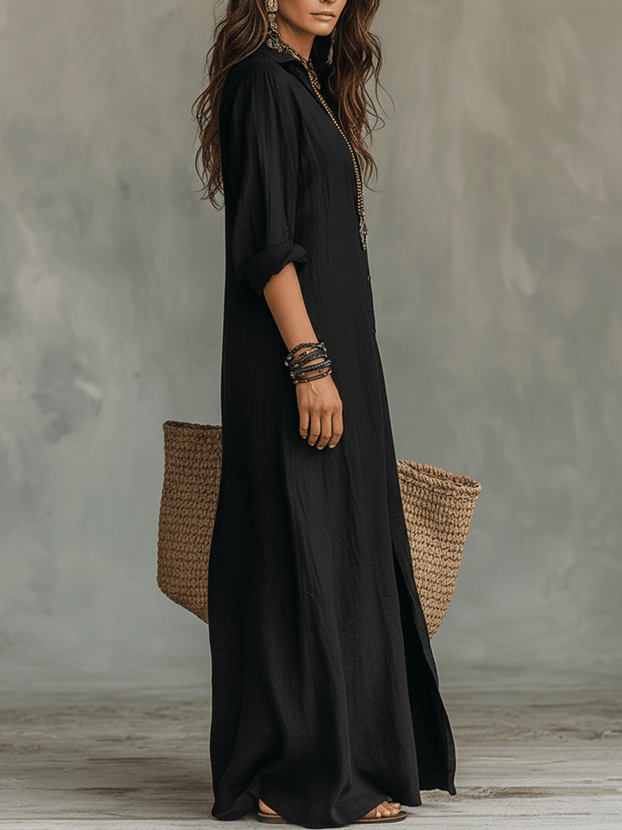 Lässiges Maxikleid mit Knopfleiste für Damen – Lockeres Hemdblusenkleid im Boho-Stil