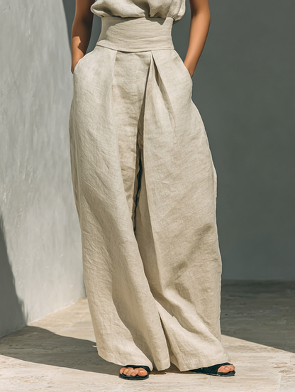 Eleganter Leinen Jumpsuit mit weitem Bein & Stehkragen für Damen – Luftig, Modern & Figurbetont