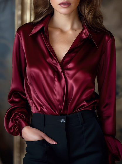 Avelina - Elegante Bluse aus schwarzem Satin mit langen Ärmeln für Frauen