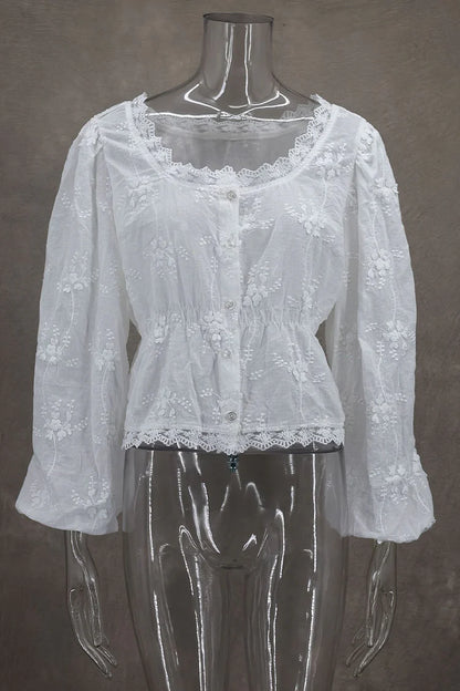 Joséphine - Bluse Frühling Bohème Romantisch aus Spitze mit langen Ärmeln und floralen Details für Frauen