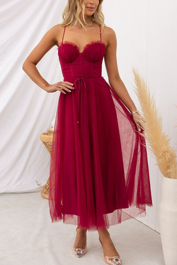 Aurélina - Midi Sommerkleid mit Korsett für Frauen, Tüllrock und Spaghetti-Träger