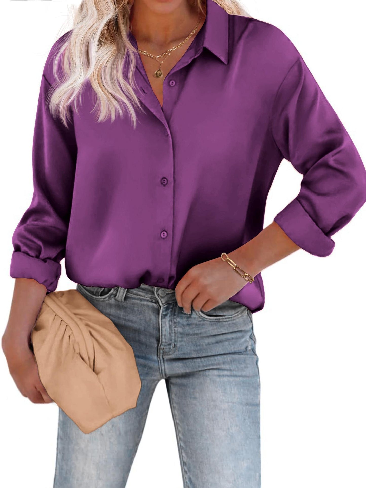 Amélina - Legere Bluse aus Farbensatin mit Knopfleiste und langen Ärmeln