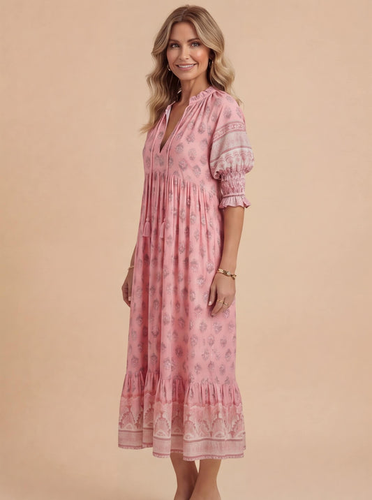 Boho Midikleid mit Print für Damen – Luftiges Sommerkleid mit V-Ausschnitt & Volant-Details