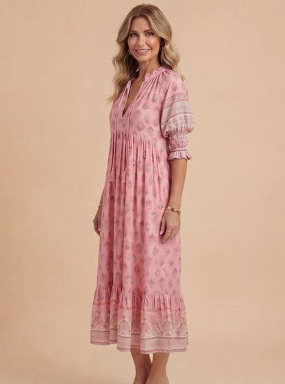 Boho Midikleid mit Print für Damen – Luftiges Sommerkleid mit V-Ausschnitt & Volant-Details
