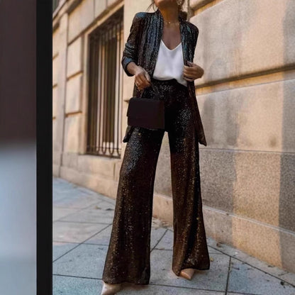 Glitzerndes Pailletten Set für Damen – Eleganter Zweiteiler mit weiter Hose