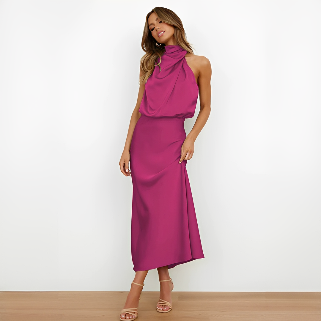 Aurivine - Elegantes Langarm-Seidenkleid mit Halterneck und Taillierung | Setzen Sie Akzente in diesem Frühling und Sommer