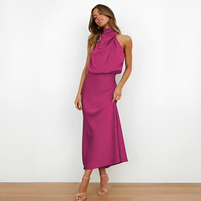 Aurivine - Elegantes Langarm-Seidenkleid mit Halterneck und Taillierung | Setzen Sie Akzente in diesem Frühling und Sommer
