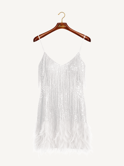 Elegantes Pailletten Fransenkleid für Damen – Glamouröses Party Cocktailkleid mit Federsaum