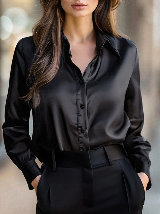 Avelina - Elegante Bluse aus schwarzem Satin mit langen Ärmeln für Frauen
