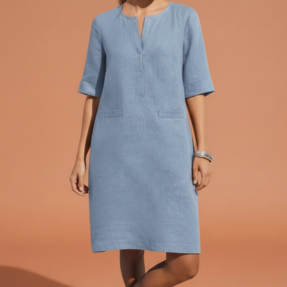 Schlichtes Leinenkleid für Damen – Lockeres Sommerkleid mit Halbarm & V-Ausschnitt