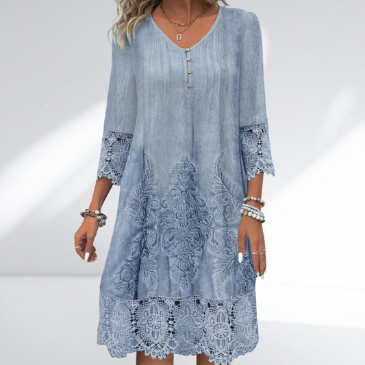 Elegantes Midikleid mit Spitze für Damen – Lockeres Sommerkleid mit V-Ausschnitt & Ornament-Design