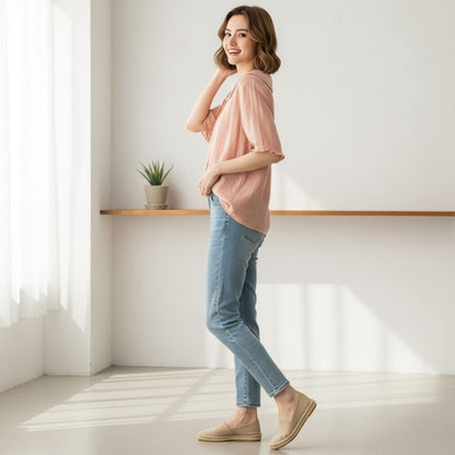 Leichte Sommerbluse Damen mit Kragen – Luftige Kurzarm Bluse aus Leinen-Look
