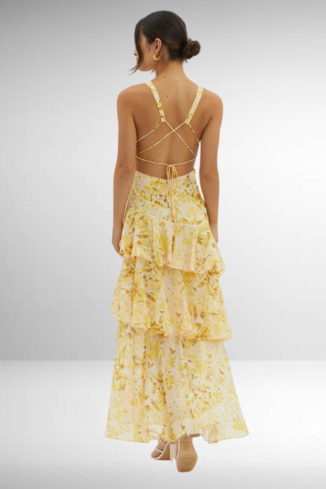 Fließendes Maxi Kleid mit Volants & tiefem V-Ausschnitt für Damen – Elegantes Sommerkleid mit Rücken-Detail