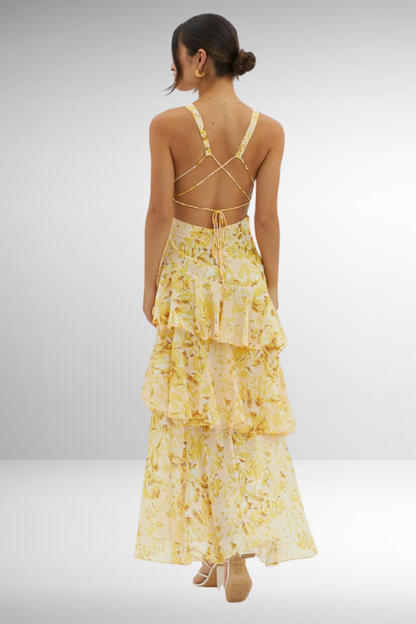 Fließendes Maxi Kleid mit Volants & tiefem V-Ausschnitt für Damen – Elegantes Sommerkleid mit Rücken-Detail