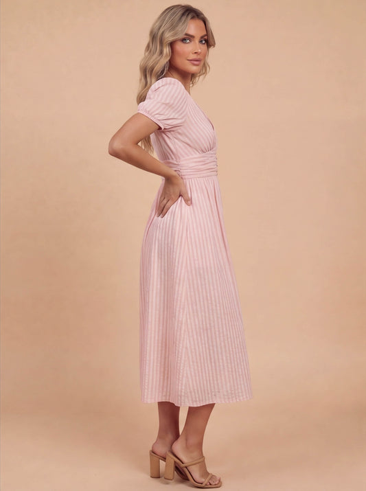 Elegantes Midi Kleid für Damen – Sommerkleid mit V-Ausschnitt, Puffärmeln & figurbetonter Taille