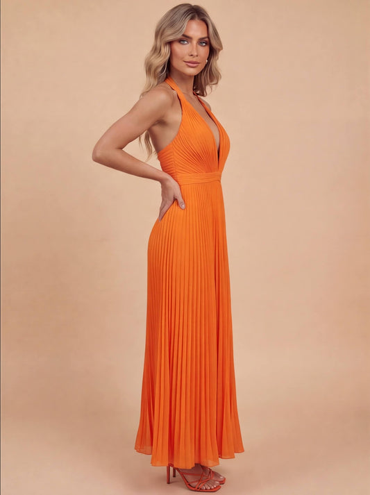 Elegantes Maxikleid für Damen – Plissiertes Abendkleid mit Neckholder & tiefem V-Ausschnitt