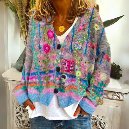 Boho Strickjacke Damen mit buntem Blumenmuster – Weiche V-Ausschnitt Cardigan für stilvolle Alltagslooks