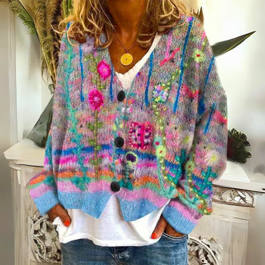 Boho Strickjacke Damen mit buntem Blumenmuster – Weiche V-Ausschnitt Cardigan für stilvolle Alltagslooks