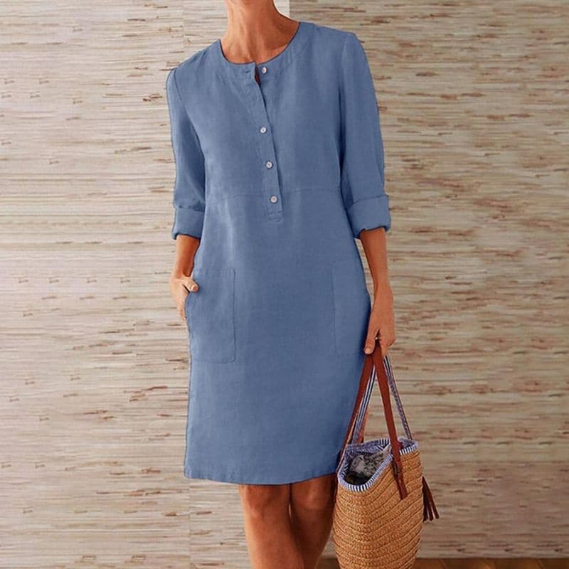 Knopfleisten-Midikleid für Damen – Lockeres Freizeitkleid mit Taschen & 3/4-Ärmeln