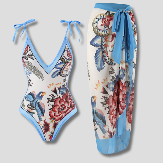 Badeanzug Set mit Pareo – tropischer Print & elegantes Strand-Outfit für Damen