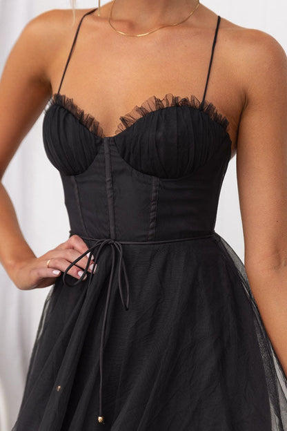 Aurélina - Midi Sommerkleid mit Korsett für Frauen, Tüllrock und Spaghetti-Träger
