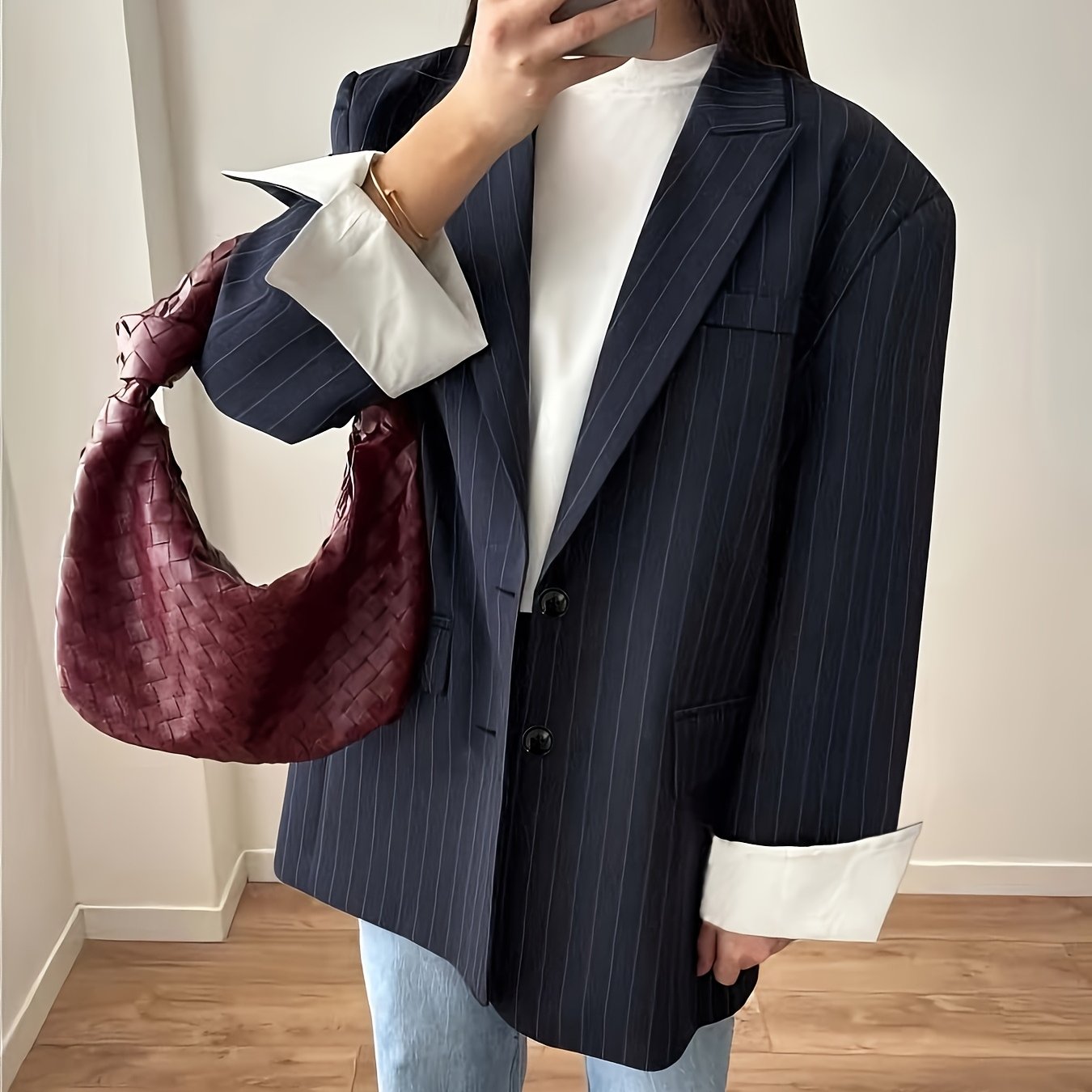 Alixane - Oversize Blazer gestreift Dunkelblau für Frauen mit Knöpfen – Frühlingsjacke