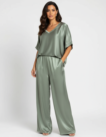 Elegantes Satin Zweiteiler Set mit V-Ausschnitt Bluse für Damen & weit geschnittener Hose – Lockeres Freizeit Outfit