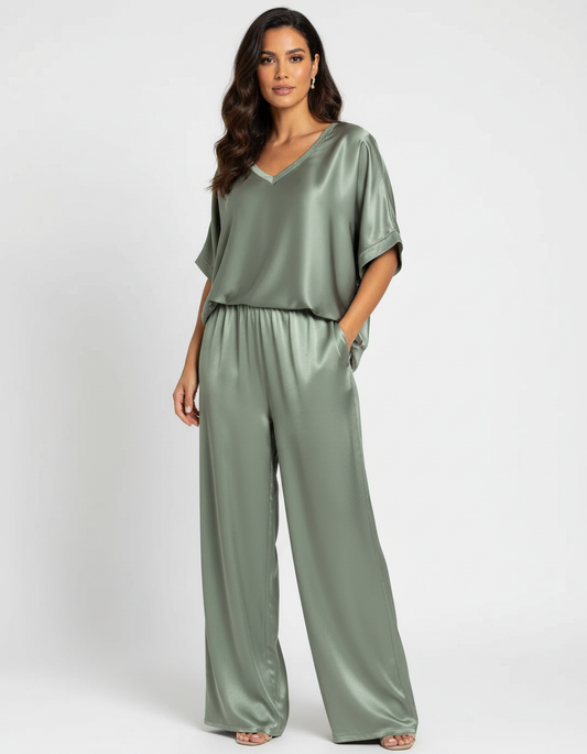 Elegantes Satin Zweiteiler Set mit V-Ausschnitt Bluse für Damen & weit geschnittener Hose – Lockeres Freizeit Outfit