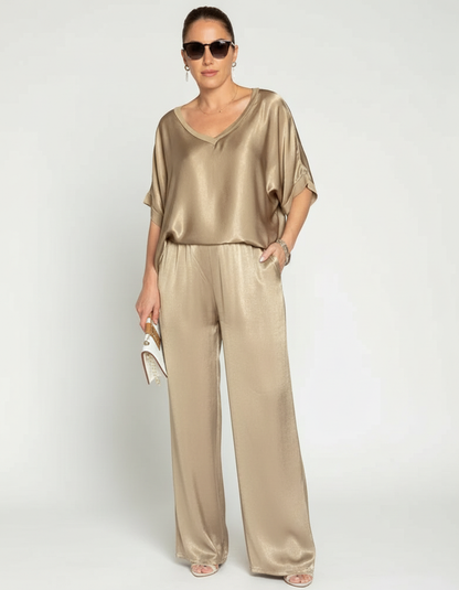 Elegantes Satin Zweiteiler Set mit V-Ausschnitt Bluse für Damen & weit geschnittener Hose – Lockeres Freizeit Outfit