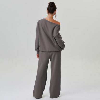Lässiges Damen Lounge Set mit One-Shoulder Sweatshirt – Bequemer Zweiteiler mit weiter Hose