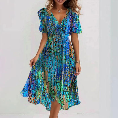 Elegantes Wickelkleid mit Blumenprint für Damen – Luftiges Chiffon Midikleid mit Volantärmeln