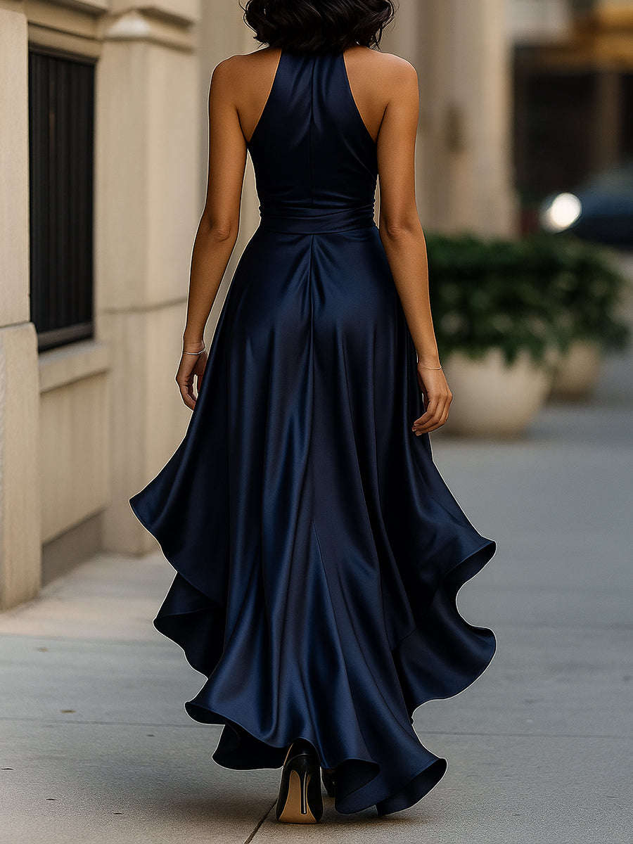 Delyra - Satin-Rüschenskleid, Rückenfrei, Mitternachts-Eleganz