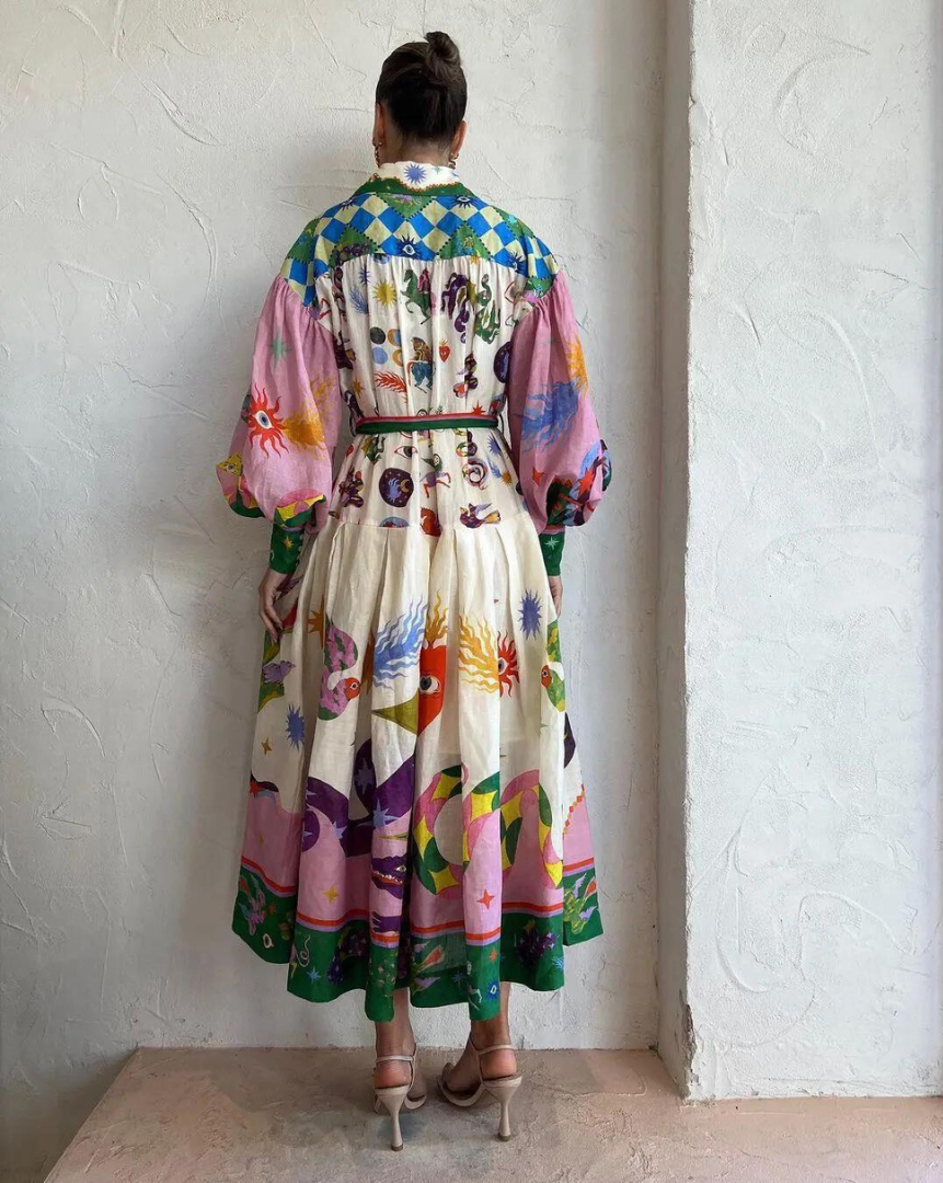 Boho-Maxikleid mit kunstvollem Print für Damen – Elegantes Hemdblusenkleid mit Bindegürtel