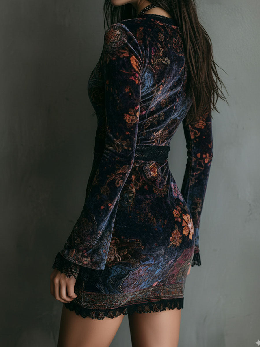 Bavelle - Mini-Kleid aus Velours mit Boho-Blumenmuster, V-Ausschnitt und Spitzenbesatz