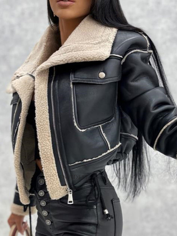 Aubrée - Elegante und Feminine Frühlingsjacke aus Kunstleder mit Plüschfutter, Reißverschlusstaschen und Kragen