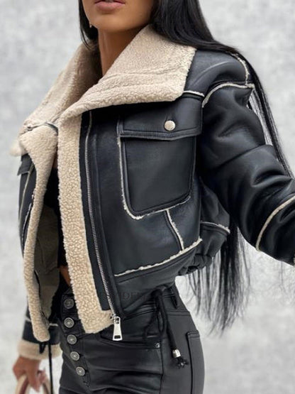 Aubrée - Elegante und Feminine Frühlingsjacke aus Kunstleder mit Plüschfutter, Reißverschlusstaschen und Kragen