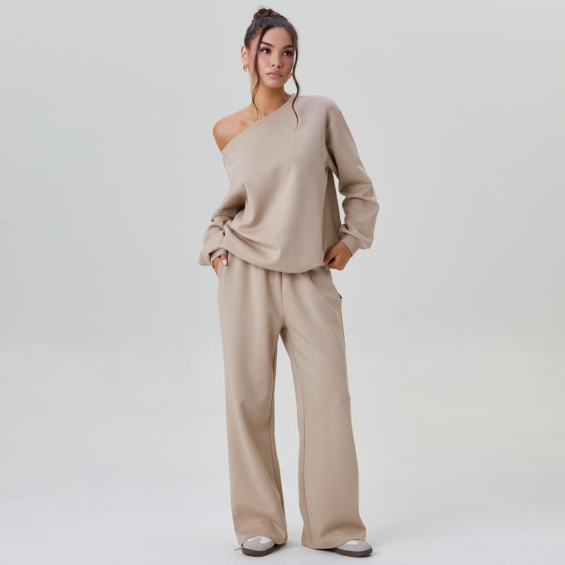 Lässiges Damen Lounge Set mit One-Shoulder Sweatshirt – Bequemer Zweiteiler mit weiter Hose