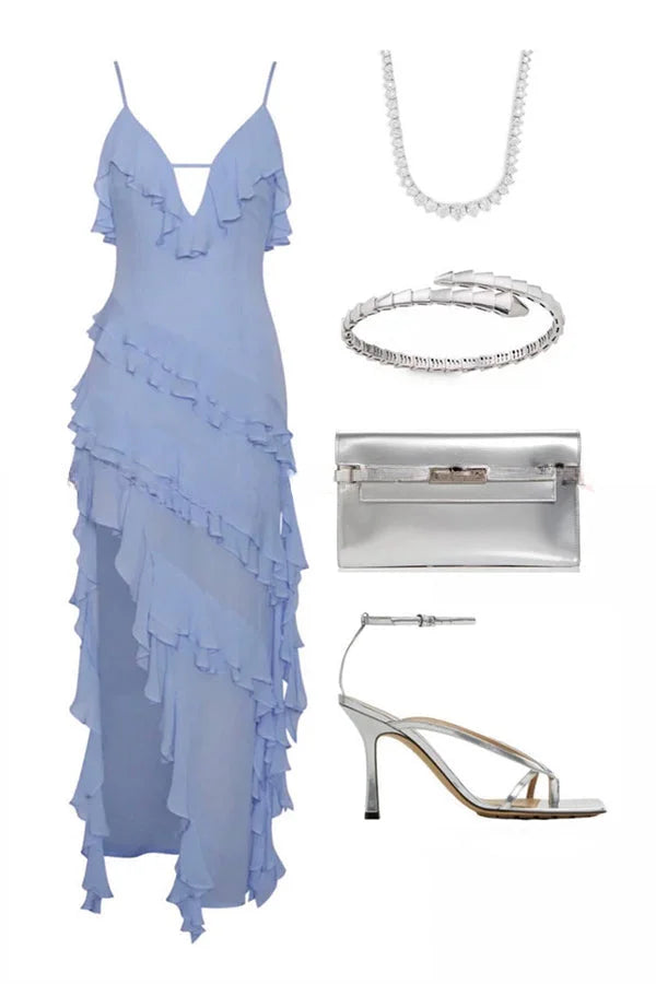Amélie - Asymmetrisches Sommerkleid Himmelblau aus Chiffon mit Überlagerten Volants, Spaghettiträgern und Schlitz
